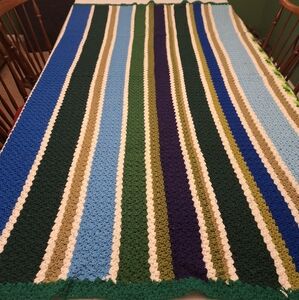 Handmade Green Blue Purple Striped Crocheted Blanket Shell Stitch Throw 76x55